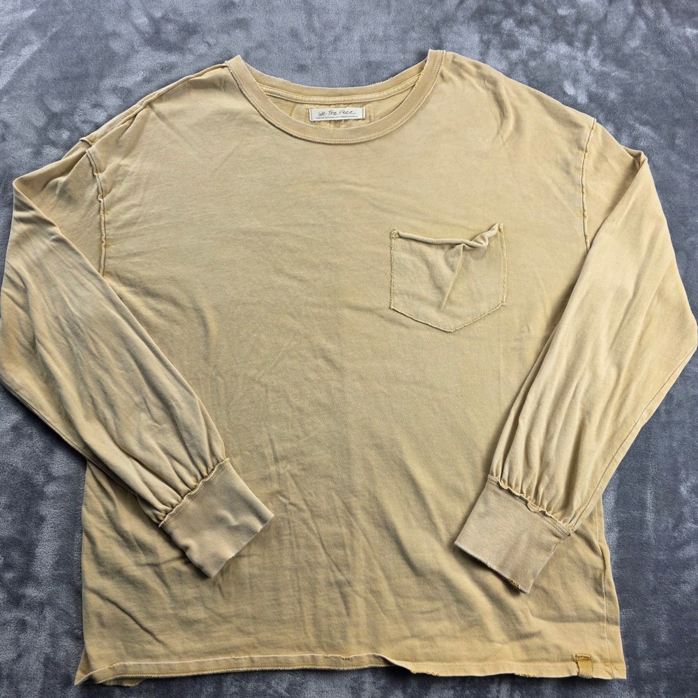 We The Free Basic Long‎ Sleeve T-Shirt Womens Medium Yellow Tan Pocket Raw Hem
